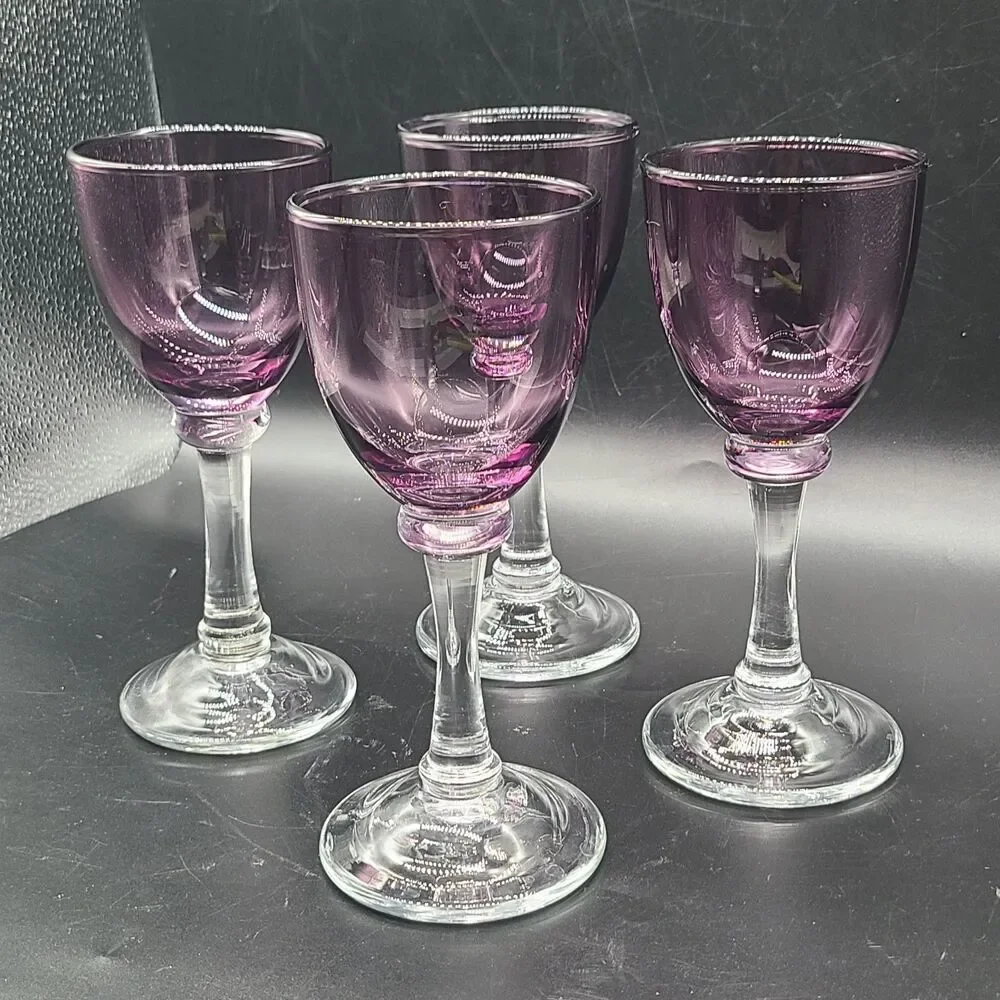 set (4) Vintage Wine Glasses  Amethyst Purple Goblets Barware 7 oz 7.75